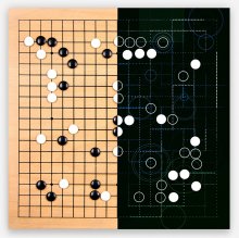 An illustration (pictured) shows a traditional Go board and half showing computer-calculated moves. Image credit Google