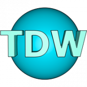 blue sphere with teal letters TDW on it