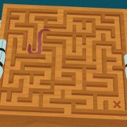 robot hands holding a wooden maze with a worm crawling through it tying to get to an X
